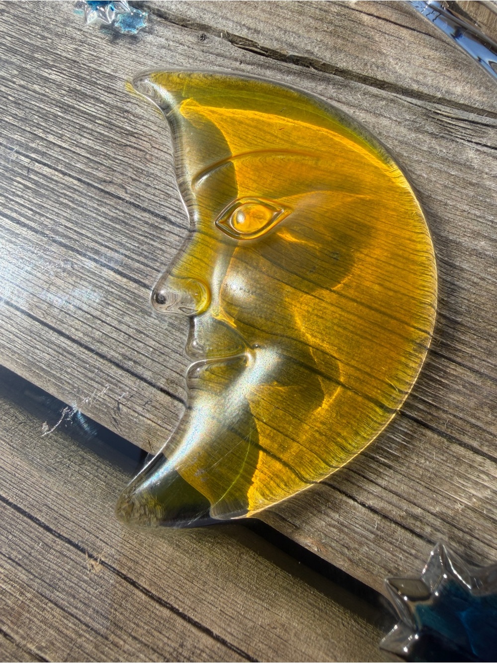 Vintage Celestial Sun Moon Glass Tray 12” Amber Blue Stars Decorative Plate - Picture 9 of 16